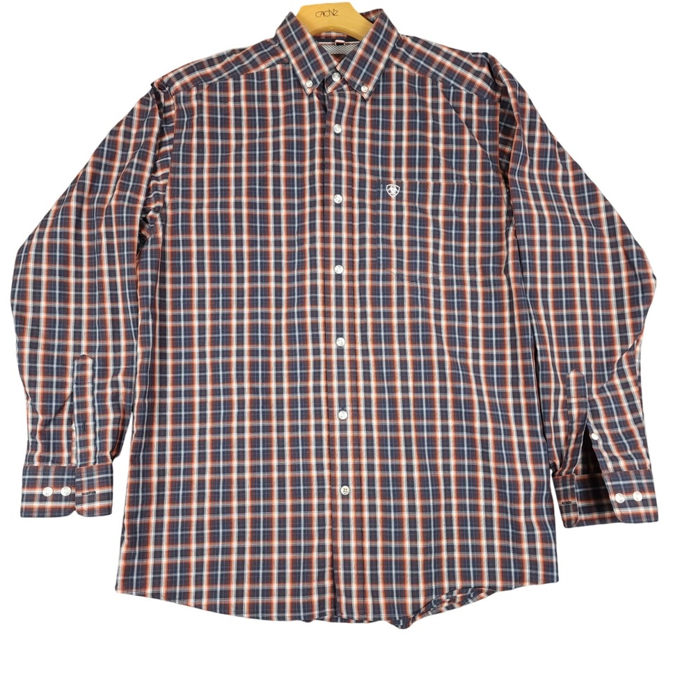 Ariat Pro Series Mens Plaid Long Sleeve Button Up Shirt‎ Size Medium Orange Navy